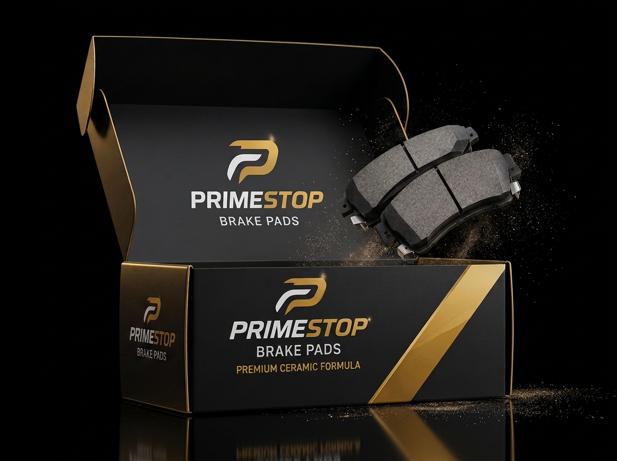 Open PrimeStop Brake Pads box with premium ceramic pads and gold accents